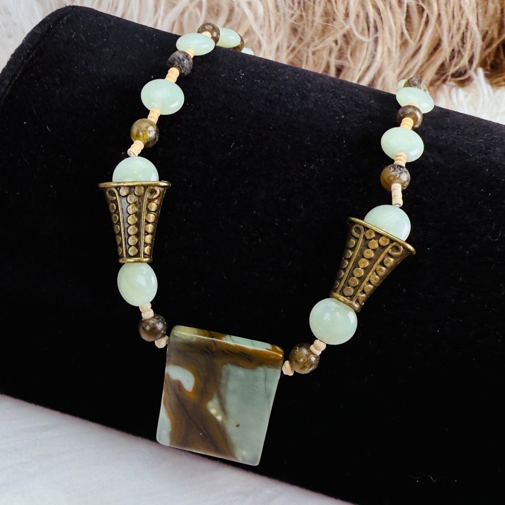Vintage Green and Brown Beaded large rectangular stone pendant and brass accents